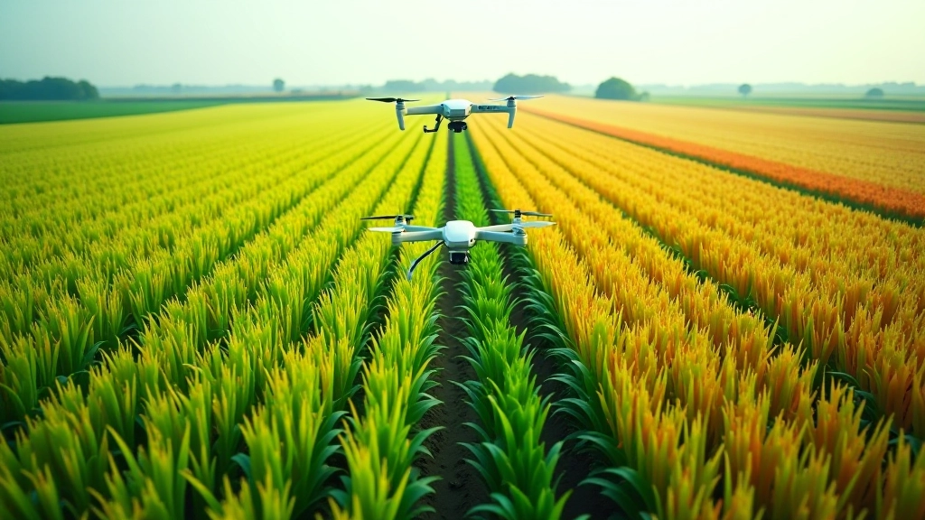 Drona uzņemts gaisa skats uz kukurūzas tīruma ar dažādām krāsām, kas parāda kultūraugu stāvokli