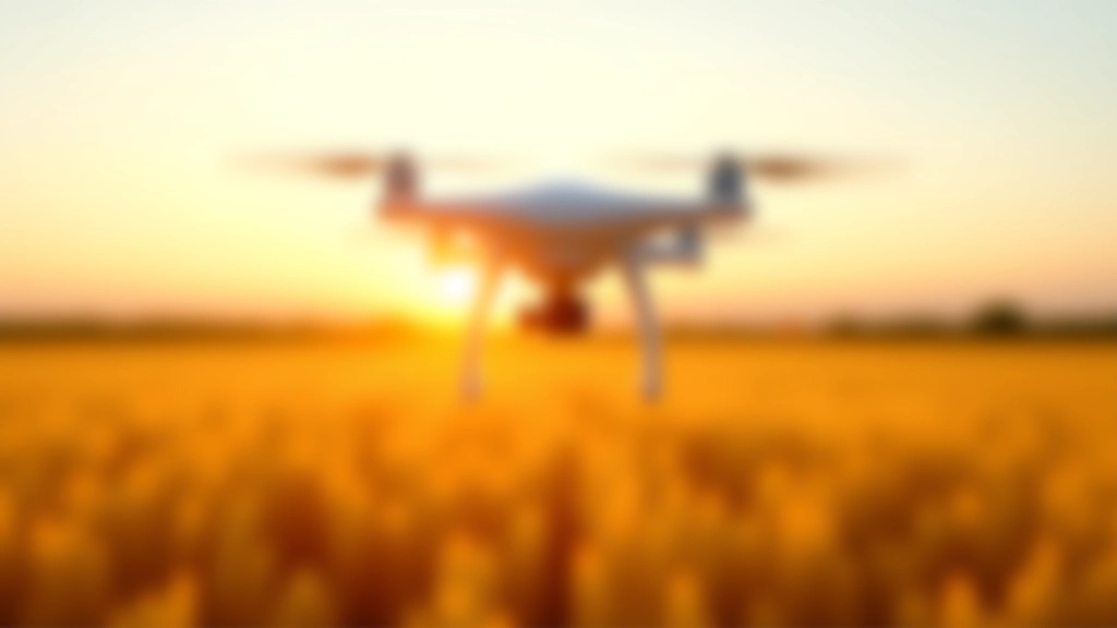 Lidojošs drons virs lauka, attēlots no sāna, ar redzamiem sensoriem apakšā