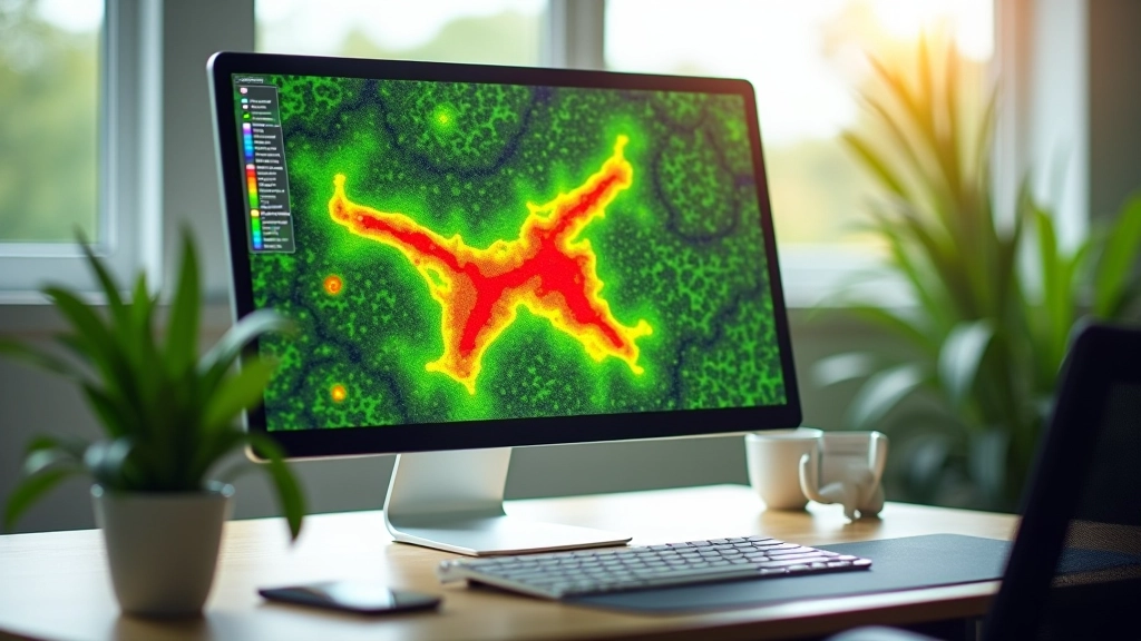 Dators ar atvērtu drona datu analīzes programmu, kas parāda karti ar sarkanām un dzeltanām zonām, norādot uz problemātiskajiem lauka apgabaliem