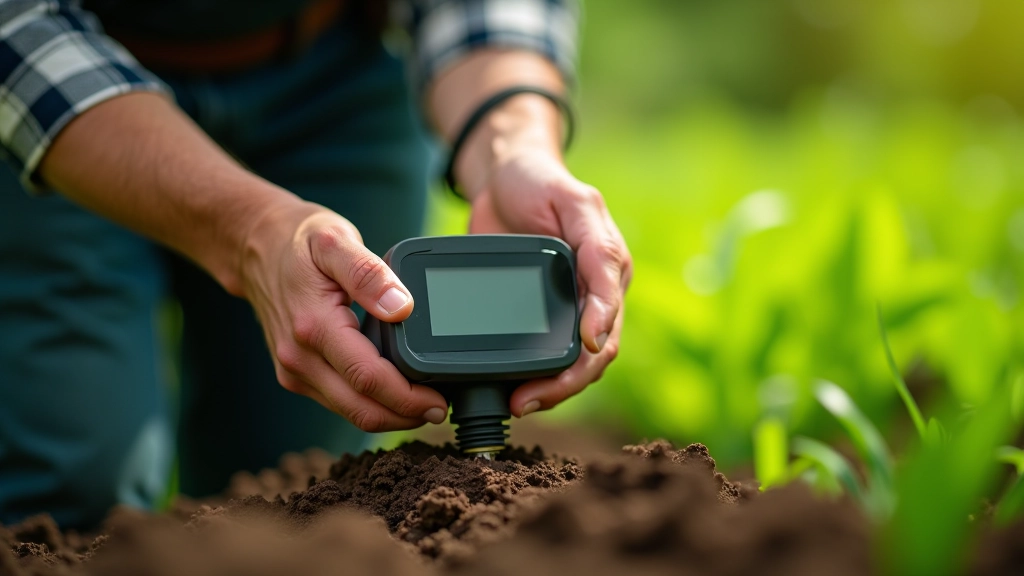 Sensora instalācija augsnē ar rādījumiem mobilo ierīci ekrānā