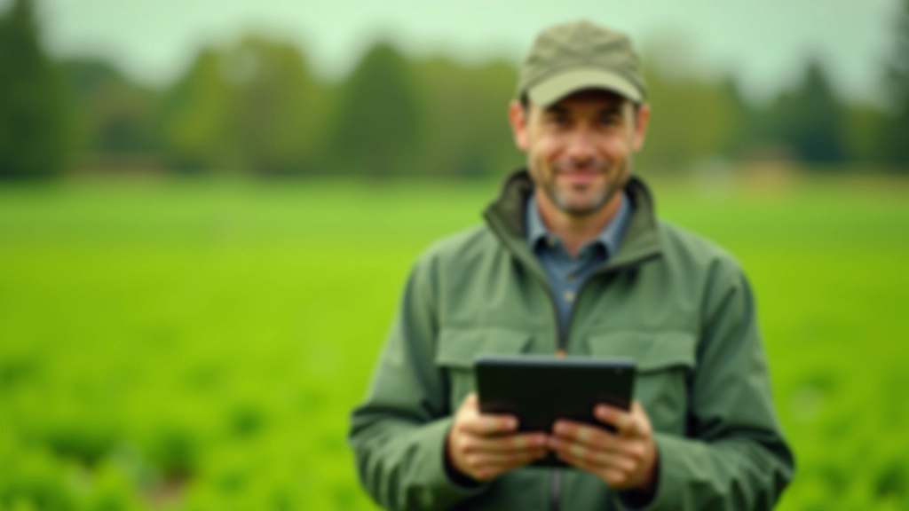 Fermeris ar planšetdatoru stāv laukā, aplūkojot reāllaika augsnes un ražas datus