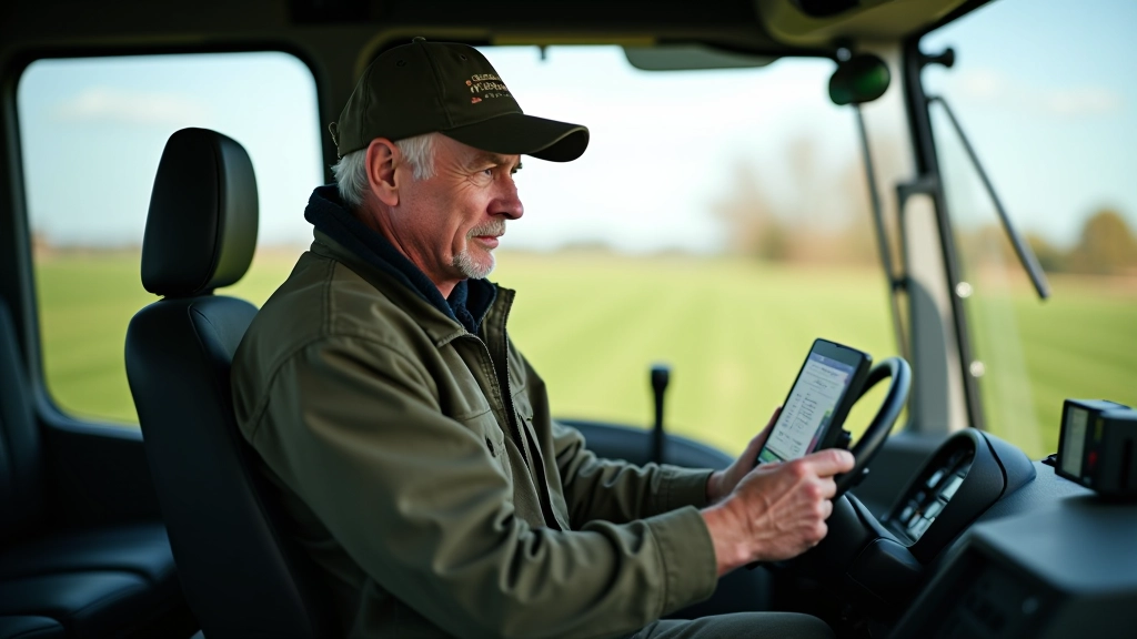 GPS vadības sistēmas displejs traktorā, kas rāda lauka karti ar paralēlajām rindām un precīzo pozīciju