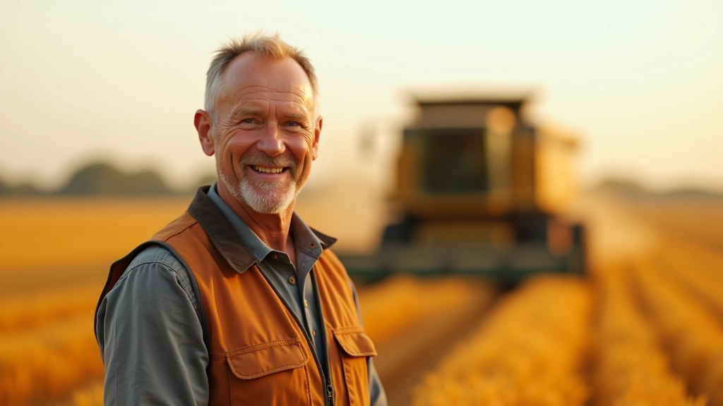 Kalmais lauksaimnieks ar smaidu stāv pie sava kombinētā kombajna lauka robežā, ar norādītu sekmīgi izcilušu augļošanu aizmugurē