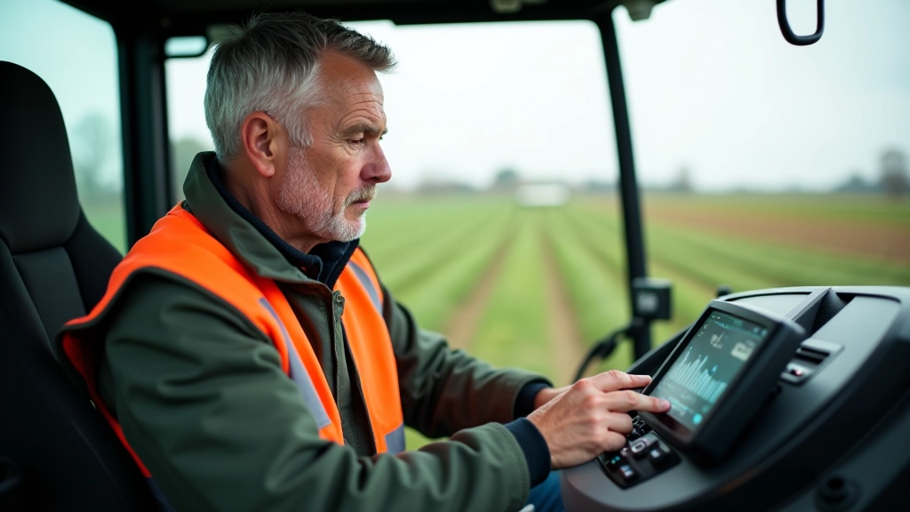 Lauksaimniek pie GPS vadītas traktora vadības pulta, kurā redzamas datu analītikas skrīnshoti un reāllaika lēmumu pieņemšanas process