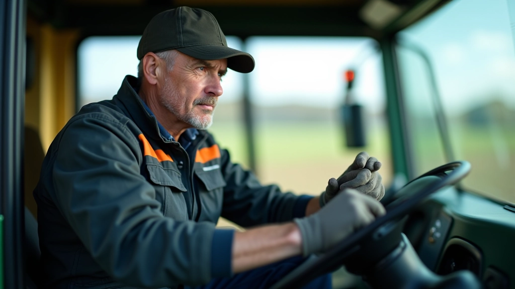 Traktorista roka uzstāda GPS sistēmu displeja iestatījumus kabīnē