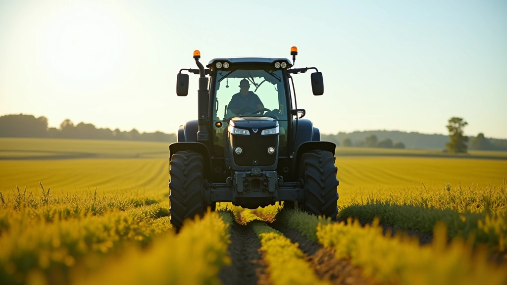 Modernus traktors ar GPS vadības sistēmu laukā, kas demonstrē precīzu paralēlo rindu navigāciju