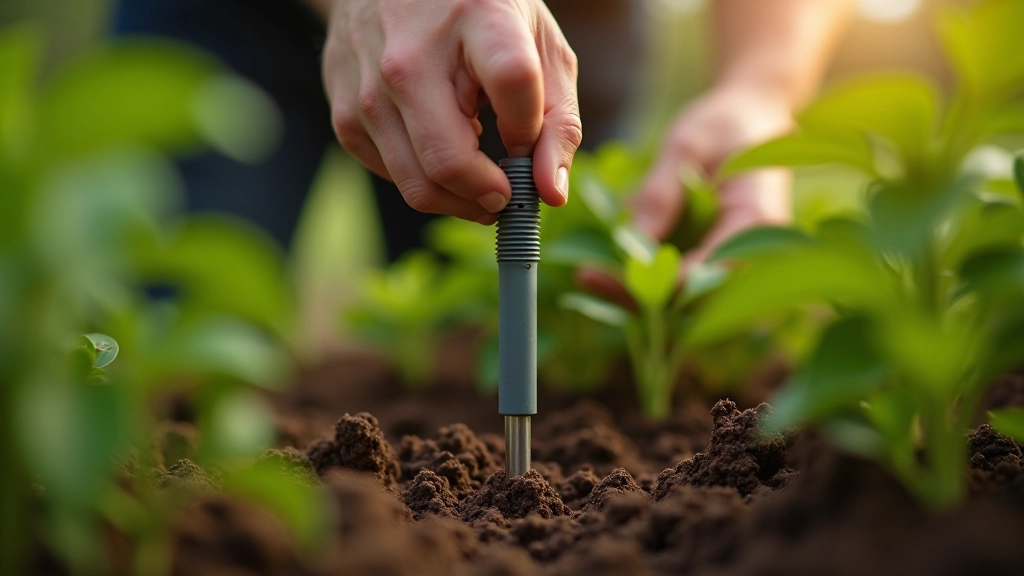 Sensora instalācija dārzā — sondes ievietošana augsnē ar skaidrojošiem bultiņām