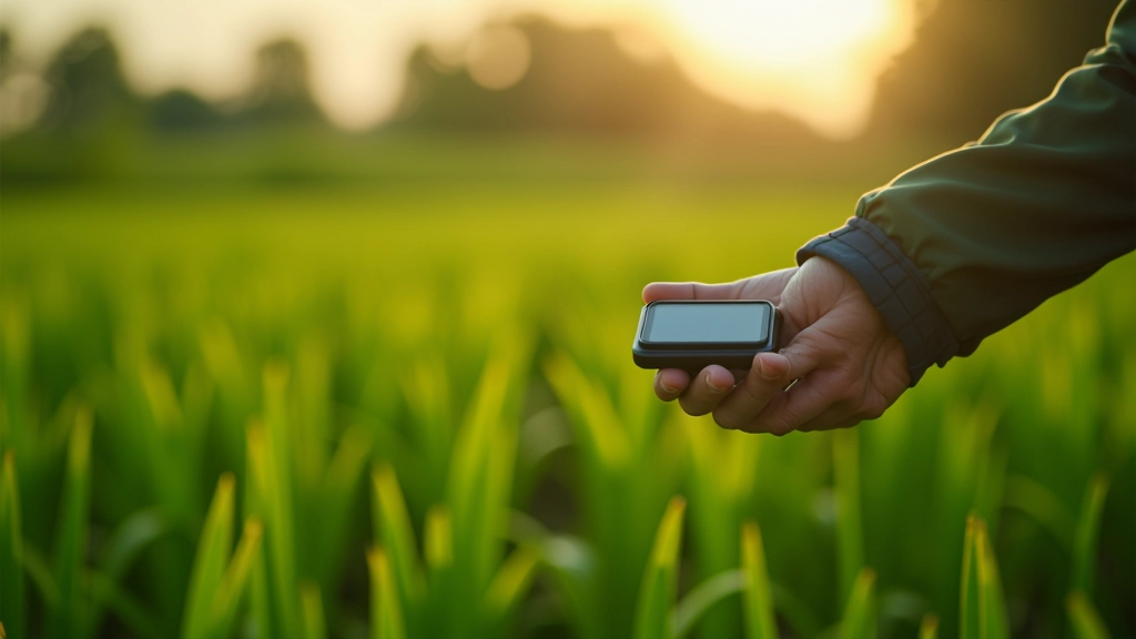 Augsnes mitruma sensori darbībā zaļā tīrumā, kas parāda precīzas mērīšanas sistēmu